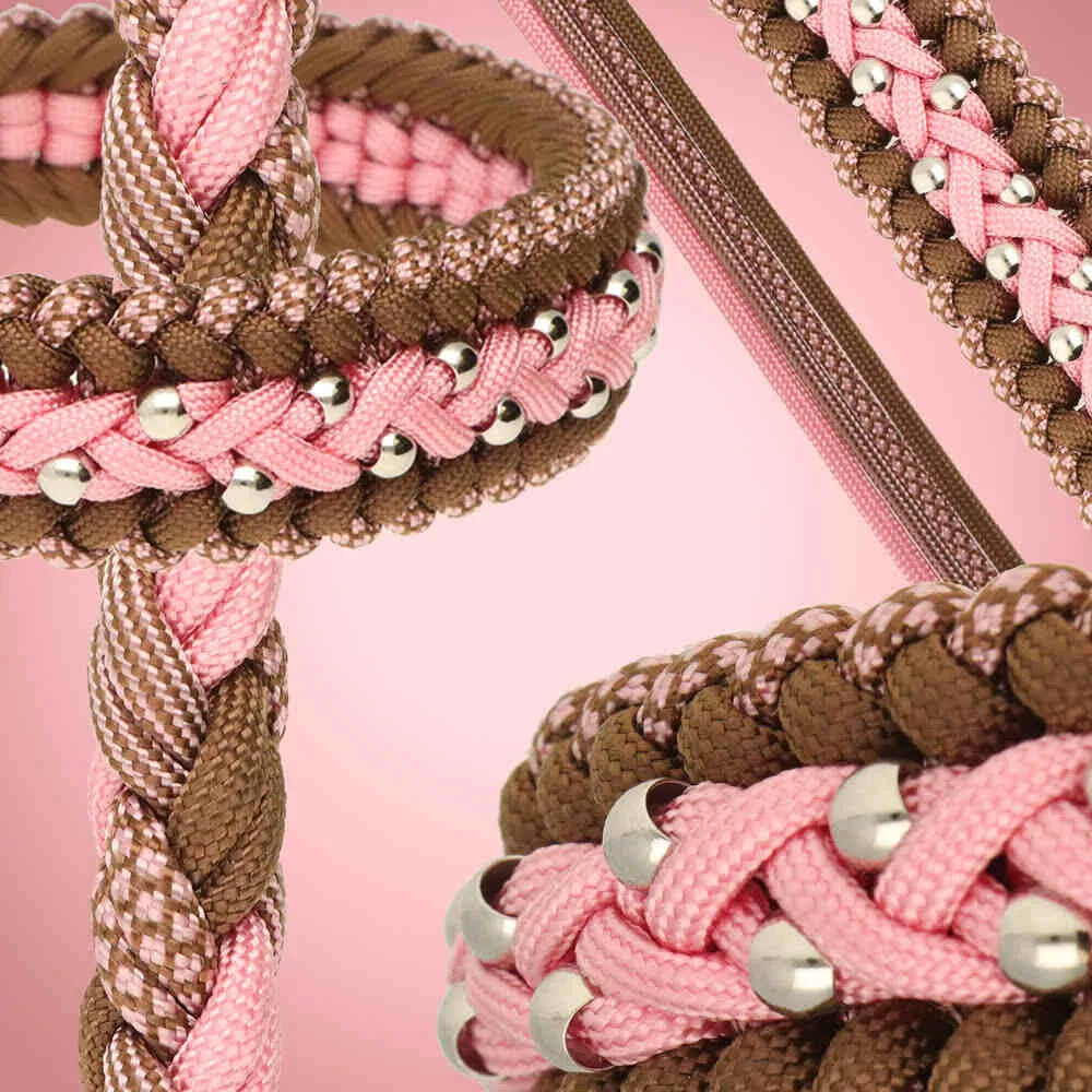 Halsband en lijn in bruin en roze paracord