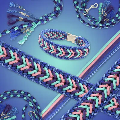 Halsband en lijn van paracord in blauw, paars en roze