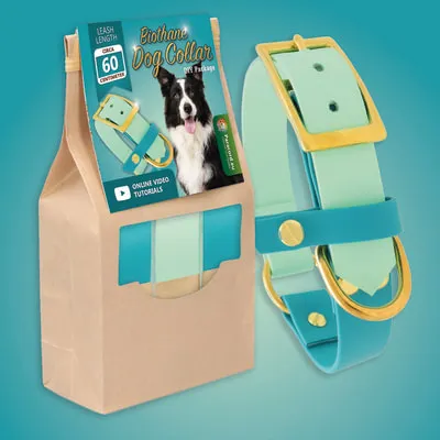 DIY-pakket voor tweekleurige biothane halsband voor honden en de gemaakte halsband ernaast