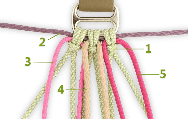 Vijf verschillende touwen aan elkaar als begin van paracord halsband