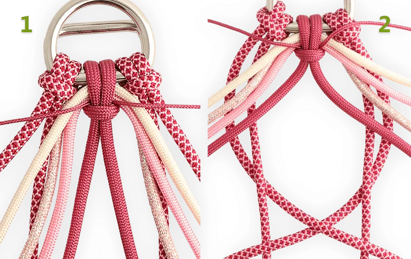 Stap 1 en 2 bij het maken van de valentine knoop met alle touwen toegevoegd