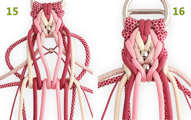 Hoe alle touwen moeten zitten voor de volgende knoop en hoe dat eruitziet na het aantrekken