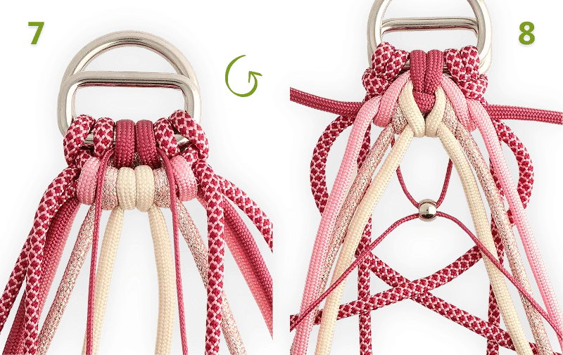 Micro cord naar de achterkant en de eerste kraal toevoegen in stap 7 en 8 van de valentine knoop