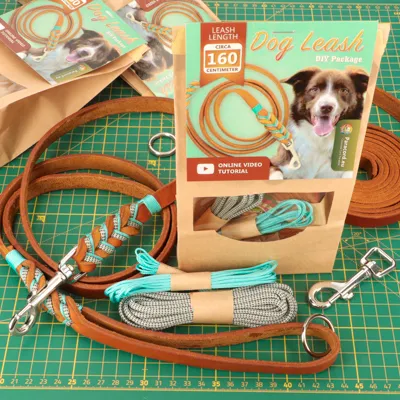 Pakketje en alle materialen voor het maken van leren hondenriem op een groene snijmat