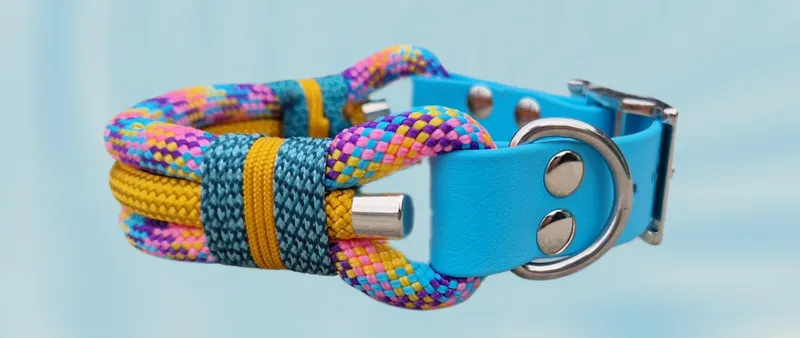 Halsband van touw en biothane in blauw en geel